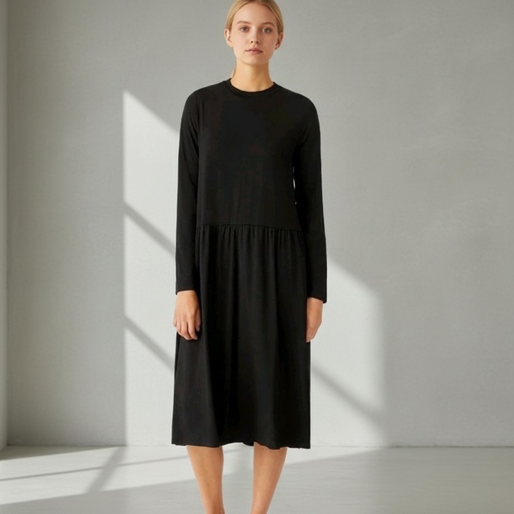 Eileen Fisher Black Fine Jersey Drop Waist Midi‎ Dress XXS Long Sleeve